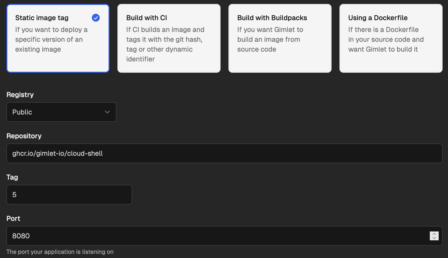 Cloud Shell deployment settings in Gimlet