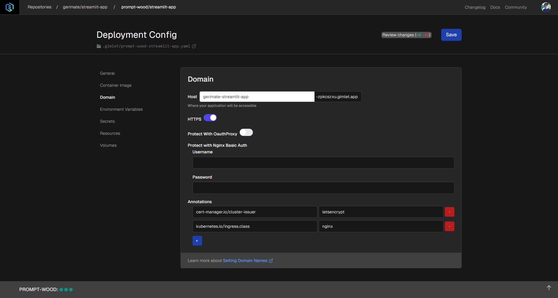 Domain settings for a deployed application in Gimlet.