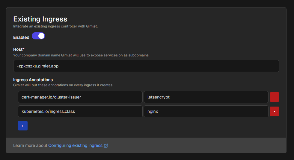 Existing Ingress configuration settings in Gimlet.