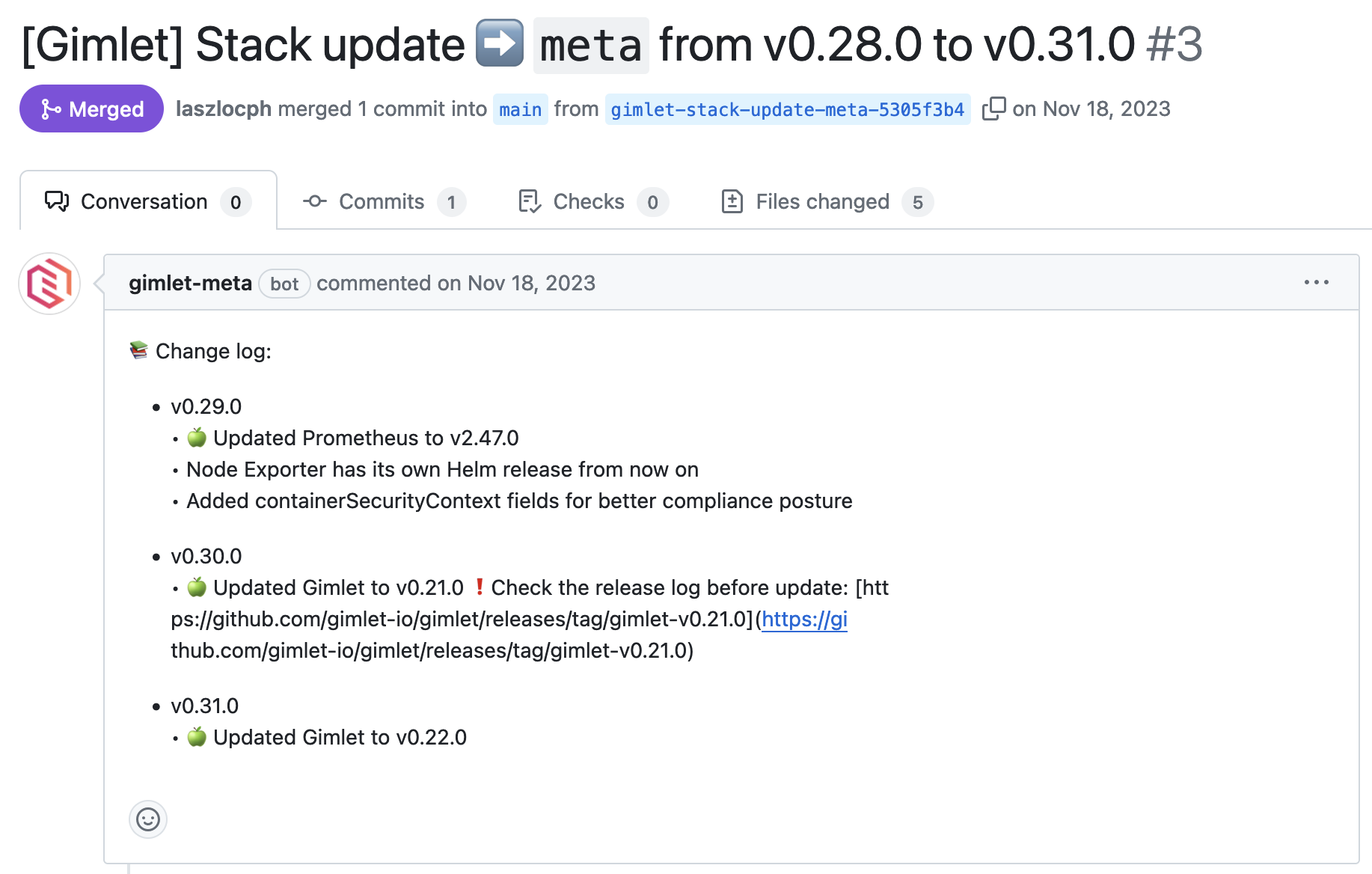 Gimlet files pull requests with Kubernetes component updates