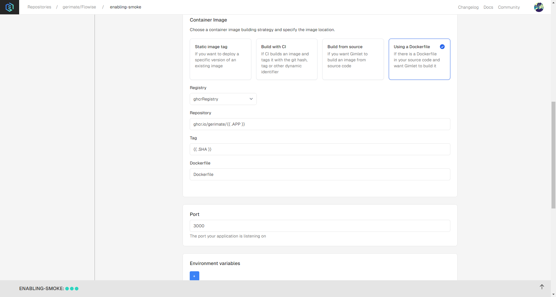 Flowise deployment settings in Gimlet. ghcrRegistry is selected, and the exposed port value is set at 3000