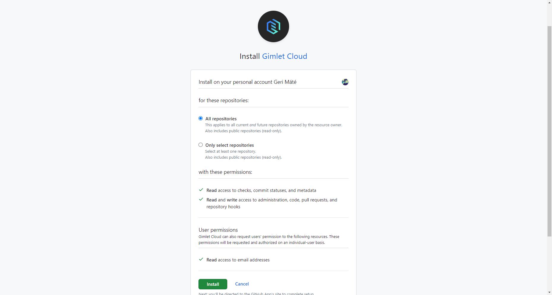 Gimlet's GitHub application installation screen