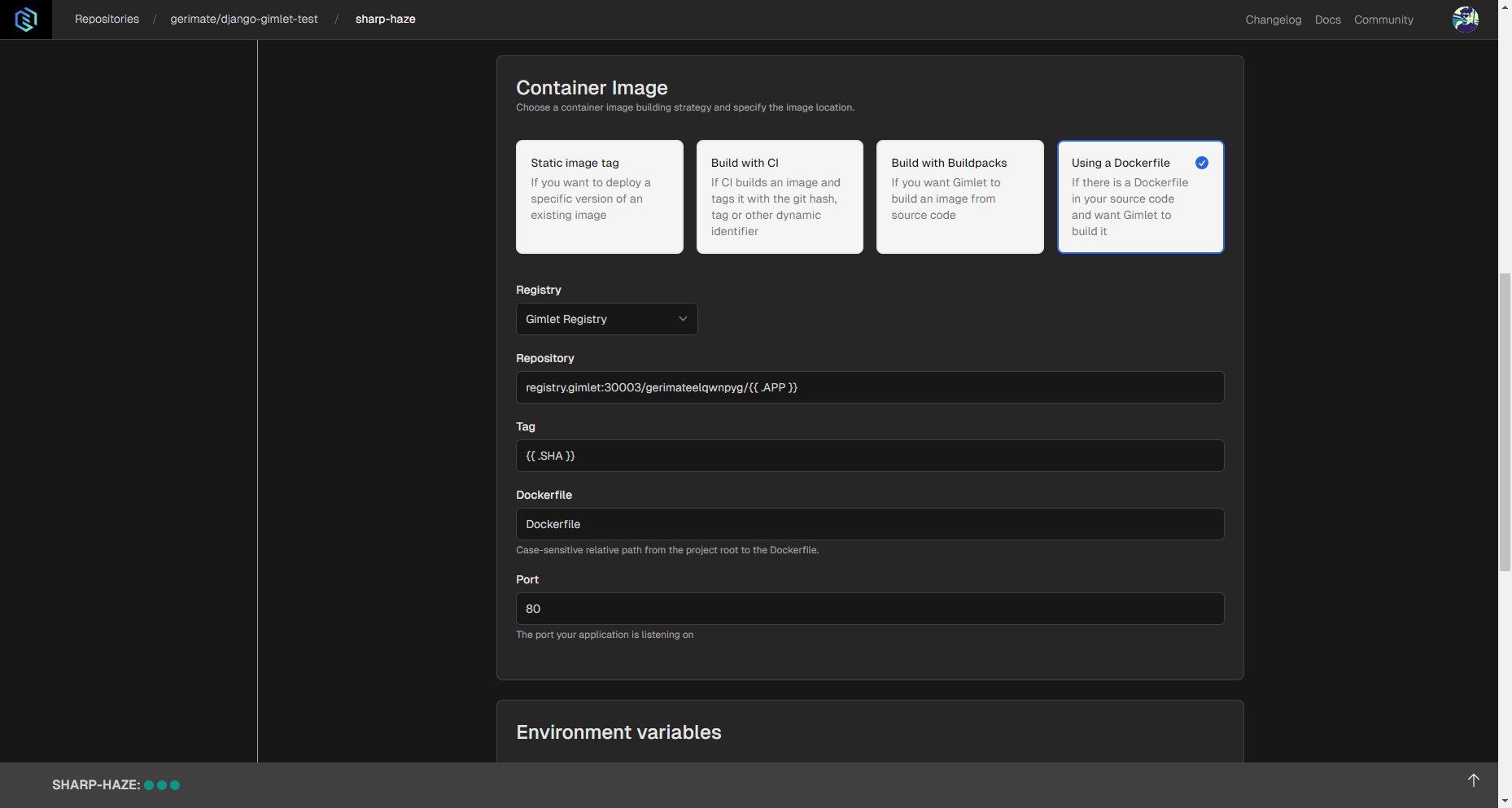 Dockerfile configuration settings in Gimlet