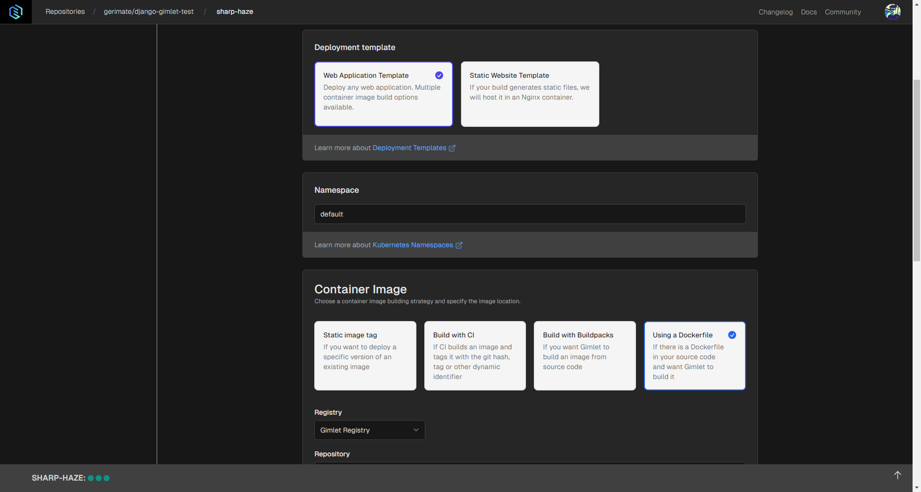 Dockerfile template and container image settings.