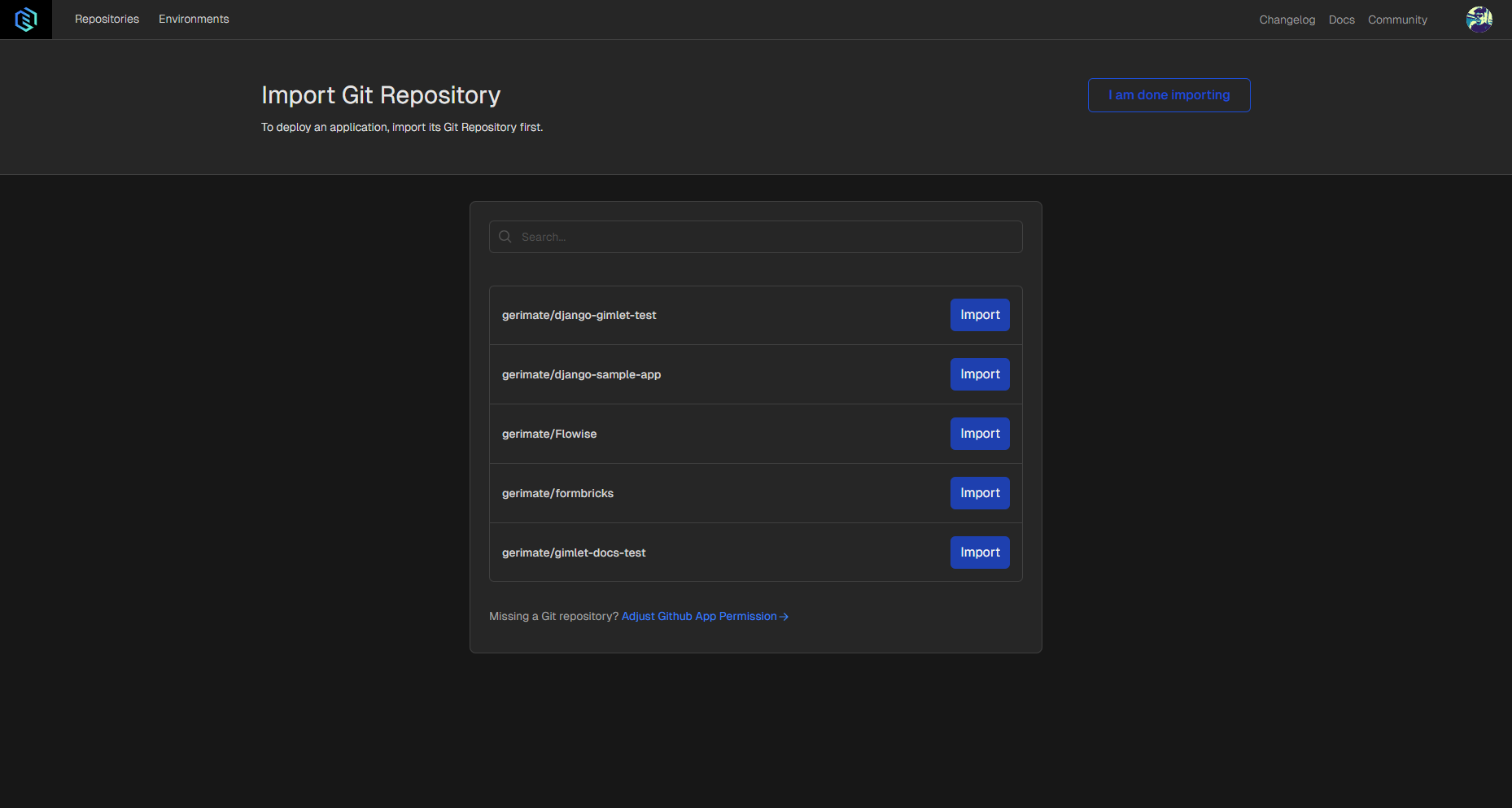 Repository import screen in Gimlet