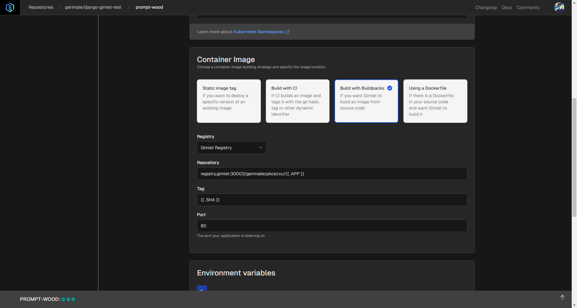 Container image settings when you'd like to build image of an application from source in Gimlet.