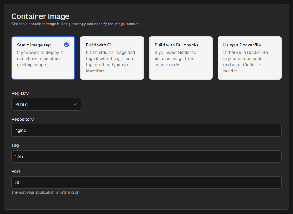 Static image tag settings in Gimlet.