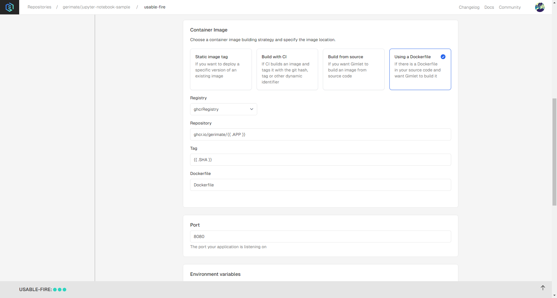 Jupyter Notebook deployment settings with Dockerfile and port set.