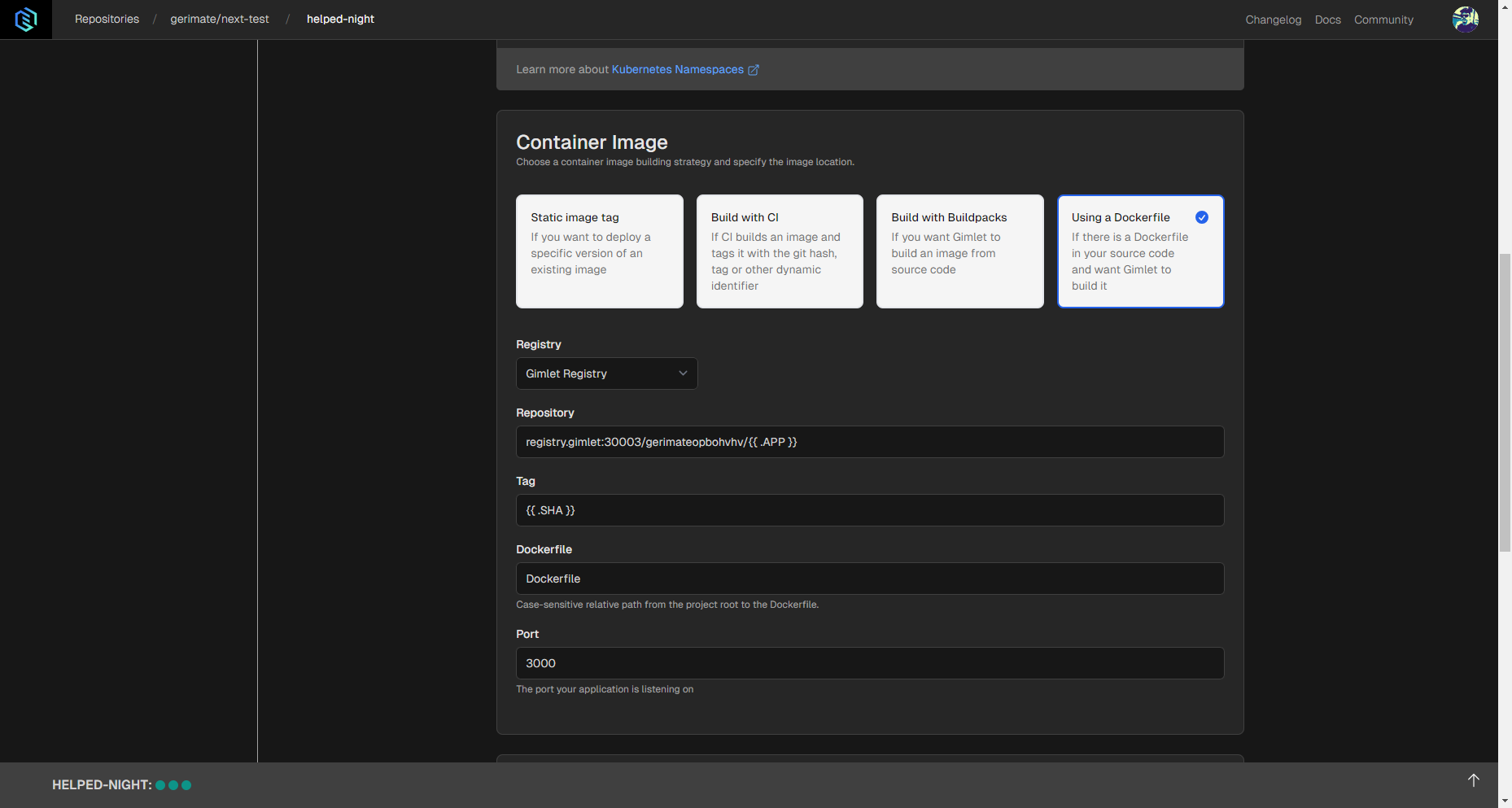 Deployment configuration settings for Next.js applications