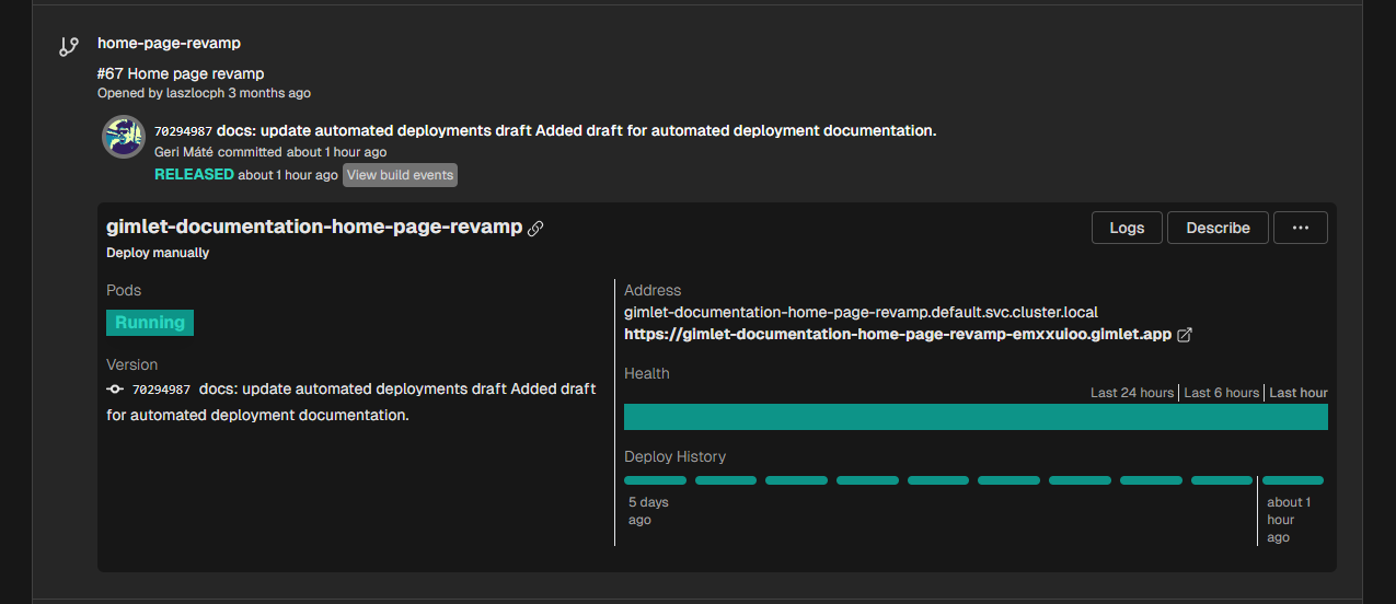 Service card of a preview deployment in Gimlet.