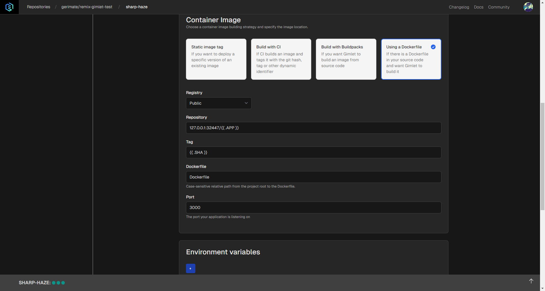 Remix deployment configuration settings in Gimlet.