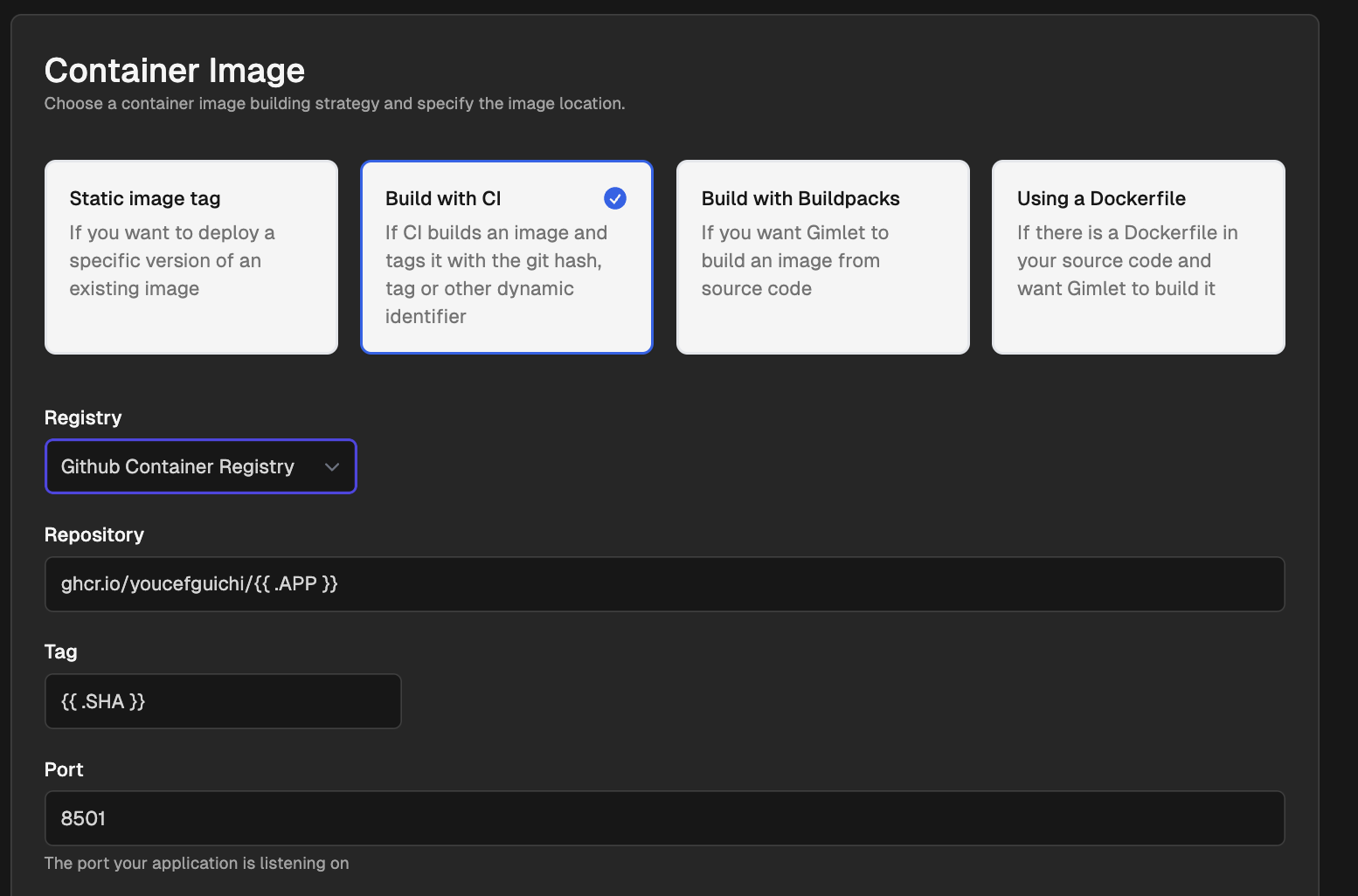 GitHub Container Registry settings in Gimlet