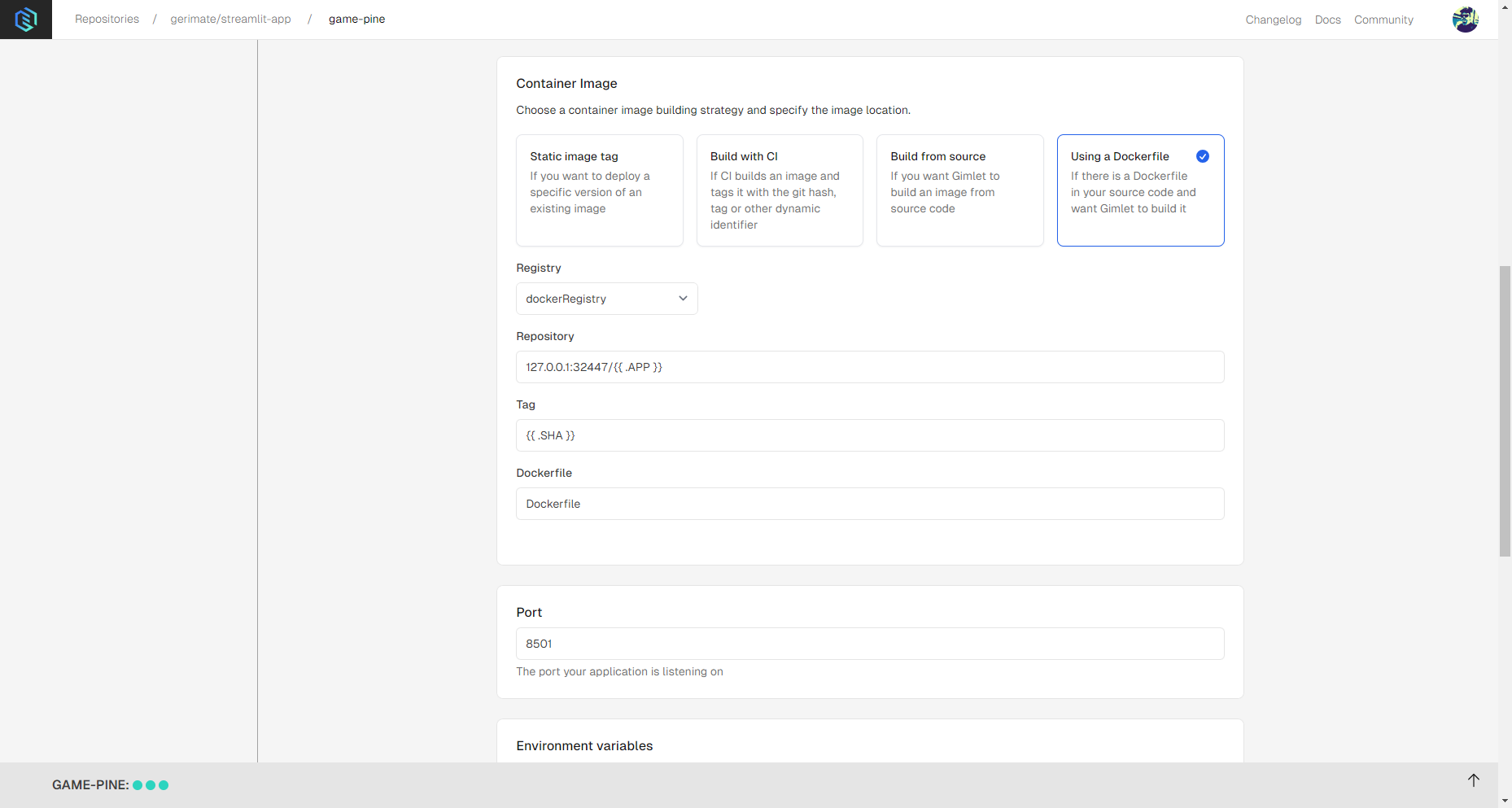 Deployment settings for a Streamlit application in Gimlet.