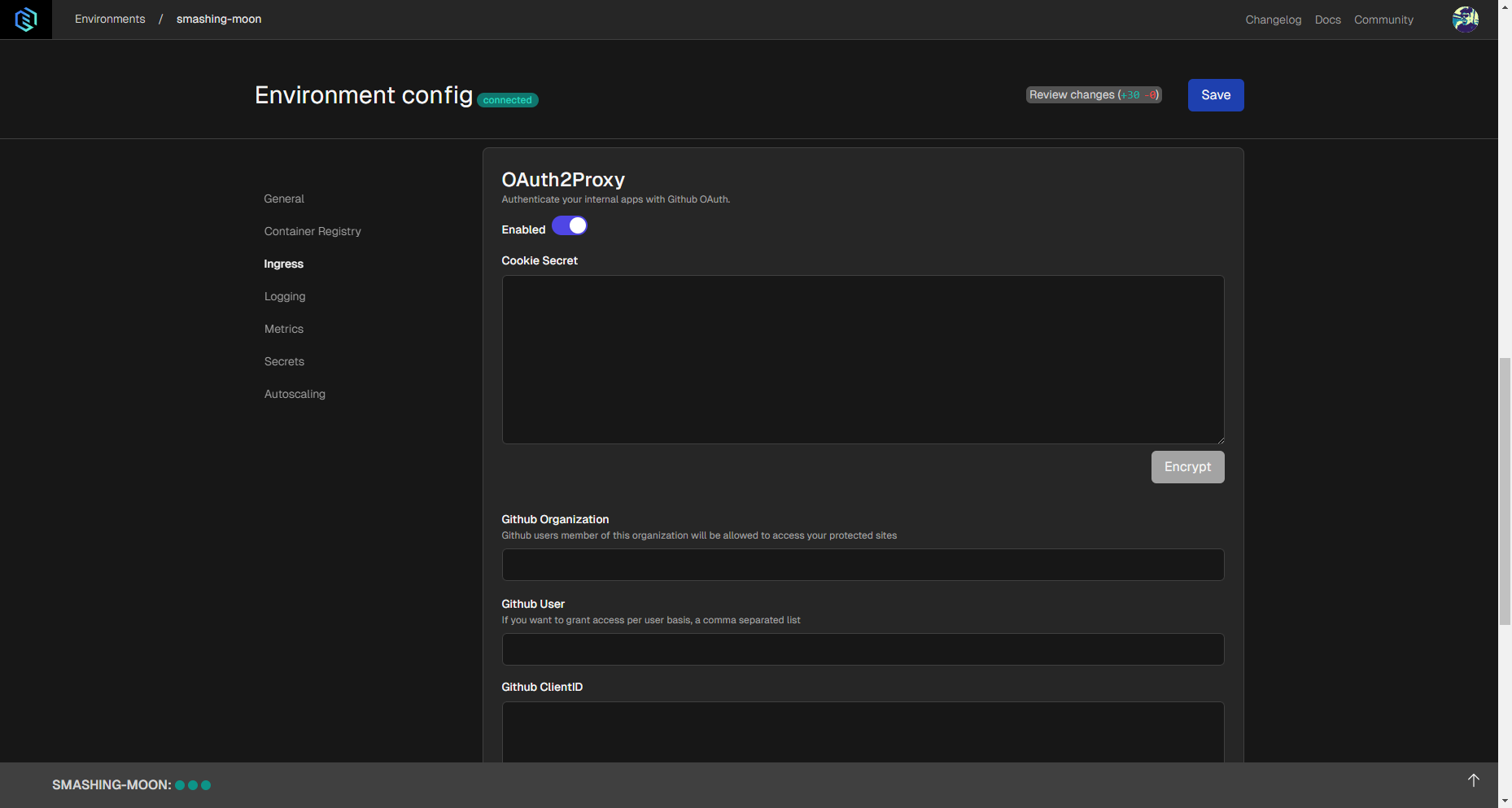 OAuth 2 Proxy settings to configure social authentication in Gimlet.